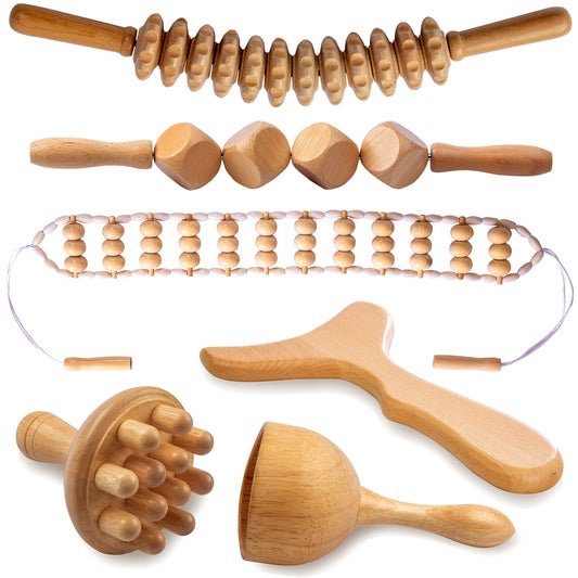 6 in 1 Wood Therapy Massage Tools Maderoterapia kit Wood Therapy Set Lymphatic Drainage Massager Wooden Gua Sha Tools Wooden Massager Roller Rope for Body Shaping Anti Cellulite